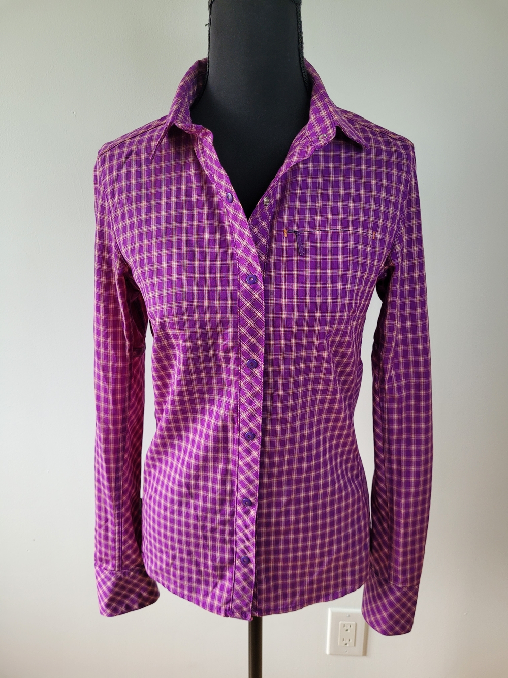 🍂 ICEBREAKER Merino Wool Terra Long Sleeve Plaid Snap Trail Shirt Purple XS